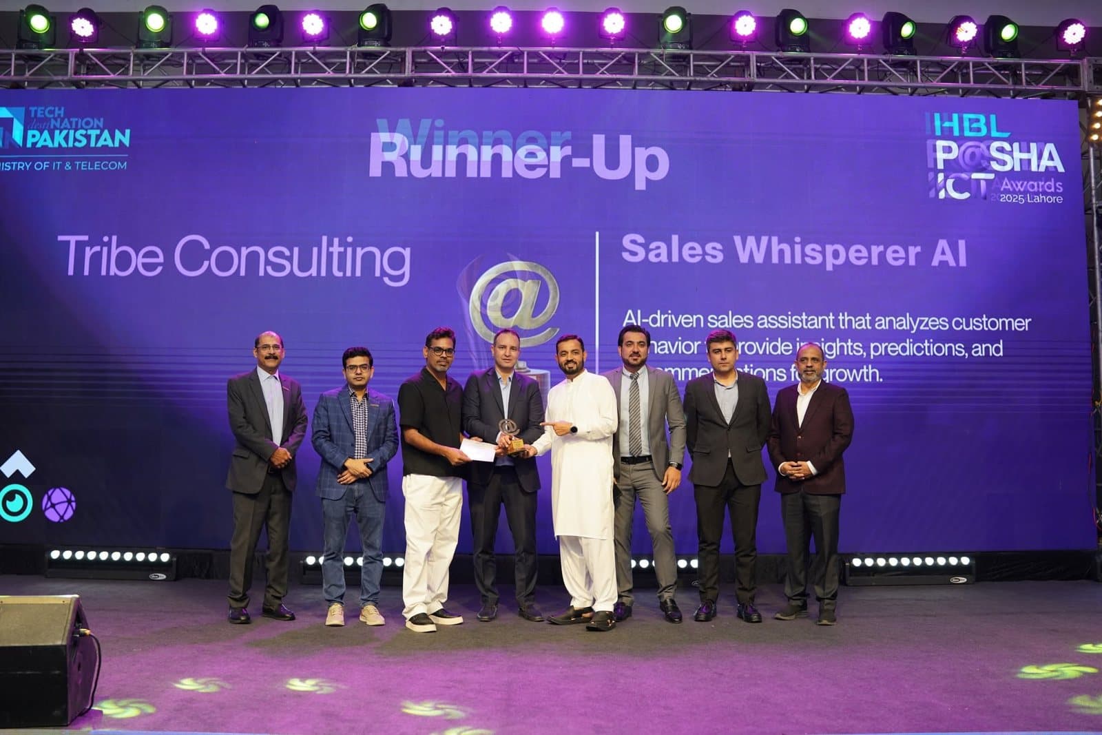 The Tribe Consulting team receiving the Runner-Up award for Sales Whisperer AI on stage at the HBL P@SHA ICT Awards 2025 in Lahore