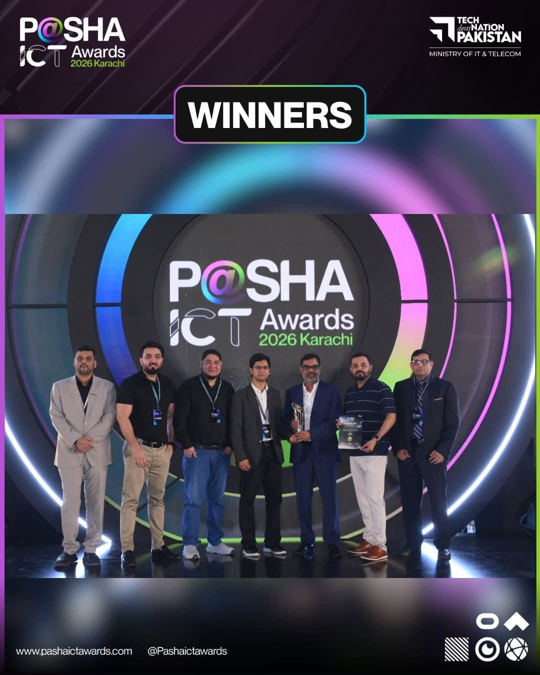 The Tribe Consulting team on stage with the Gold Award trophy and certificate at the P@SHA ICT Awards 2026 in Karachi